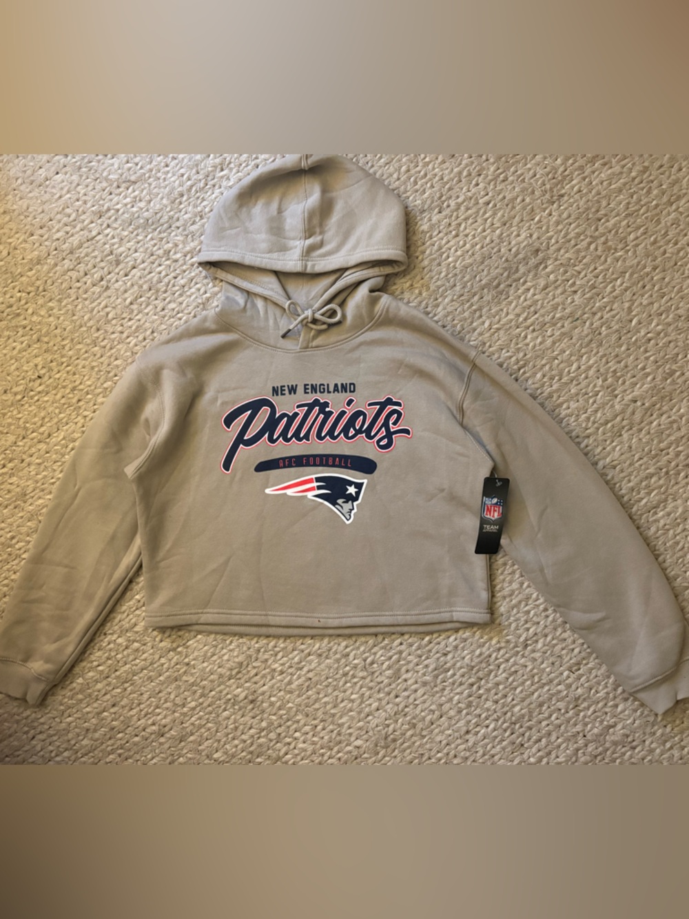NFL New England Patriots Cropped Hoodie - Khaki with Navy & Red Logo